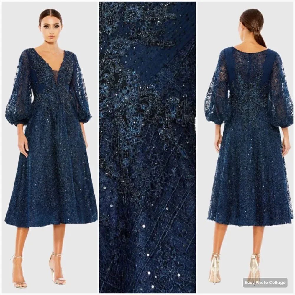 MAC DUGGAL 20391 Womens Blue Embellished Plunge Neck Bishop Sleeve Midi Dress